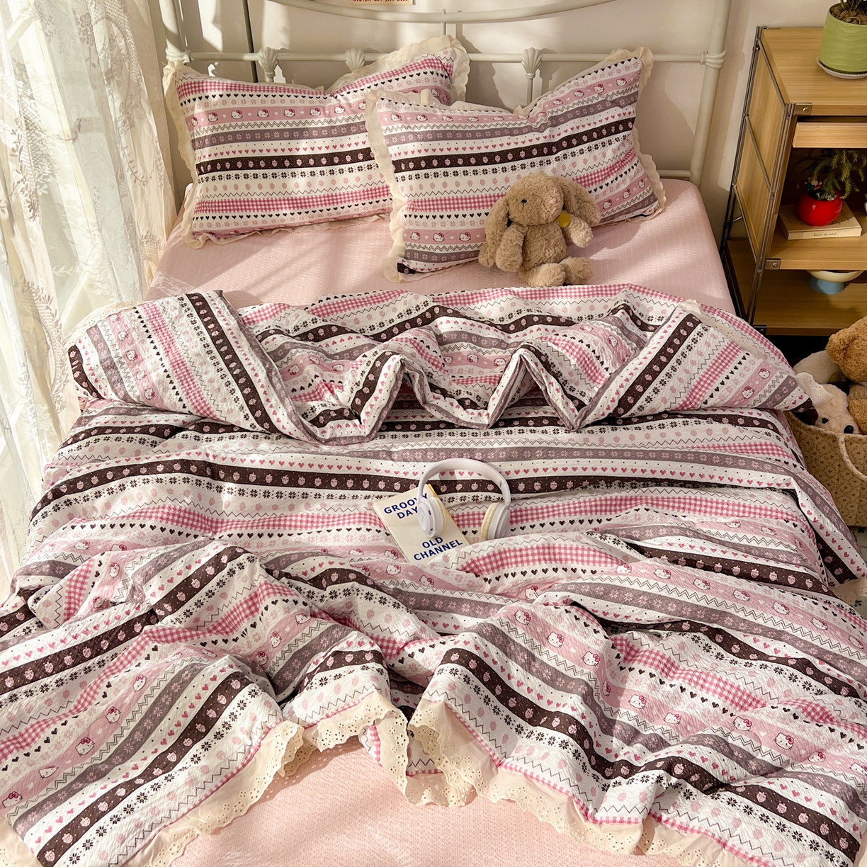 91家纺网 家纺一手货源 找家纺 欣宜家纺 2026新款A类全棉花边泡芙棉夏被夏凉被 猫咪粉