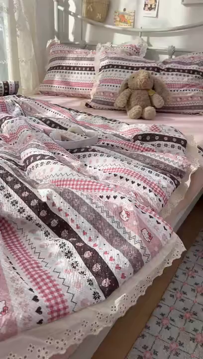 91家纺网 家纺一手货源 找家纺 欣宜家纺 2026新款A类全棉花边泡芙棉夏被夏凉被 猫咪粉