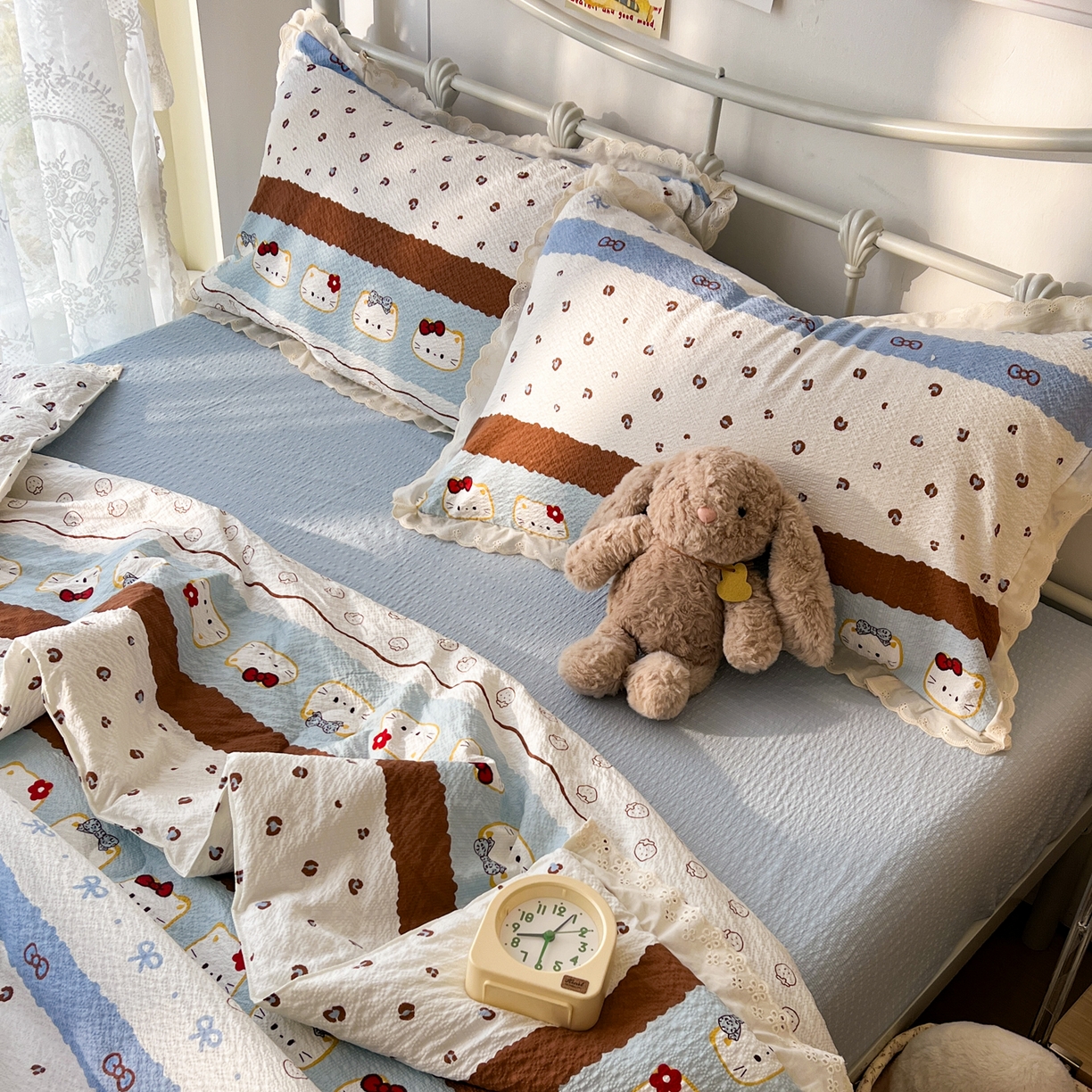 91家纺网 家纺一手货源 找家纺 欣宜家纺 2026新款A类全棉花边泡芙棉夏被夏凉被 猫咪蓝