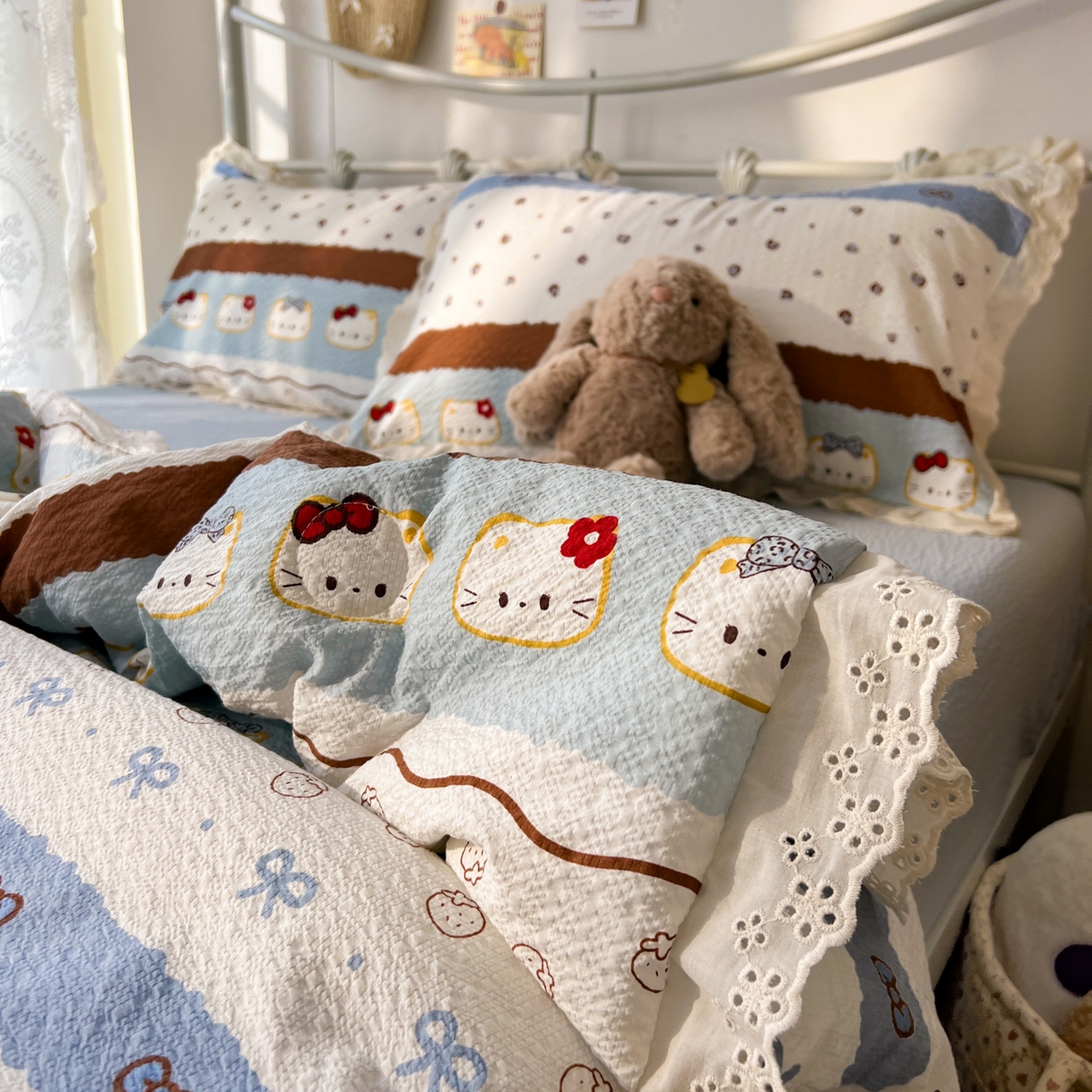 91家纺网 家纺一手货源 找家纺 欣宜家纺 2026新款A类全棉花边泡芙棉夏被夏凉被 猫咪蓝