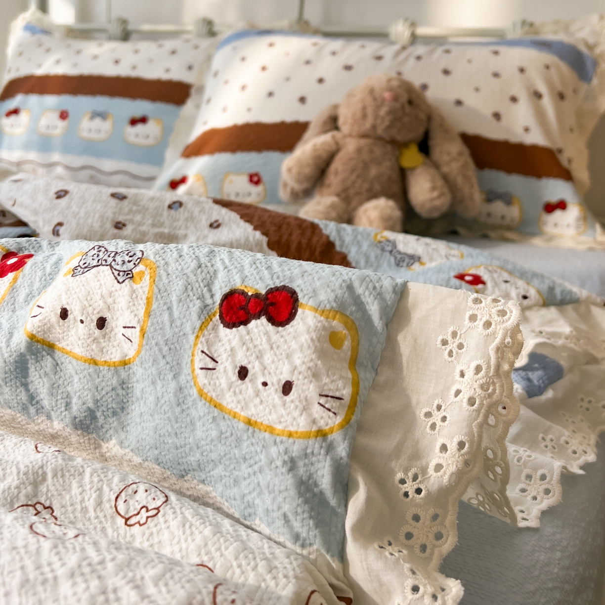 91家纺网 家纺一手货源 找家纺 欣宜家纺 2026新款A类全棉花边泡芙棉夏被夏凉被 猫咪蓝