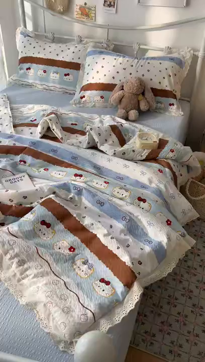 91家纺网 家纺一手货源 找家纺 欣宜家纺 2026新款A类全棉花边泡芙棉夏被夏凉被 猫咪蓝