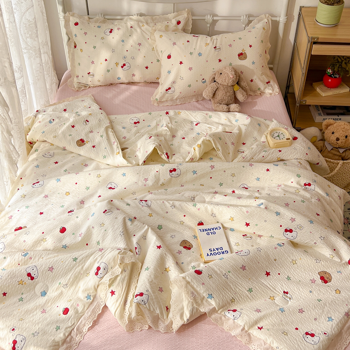 91家纺网 家纺一手货源 找家纺 欣宜家纺 2026新款A类全棉花边泡芙棉夏被夏凉被 奶油小猫