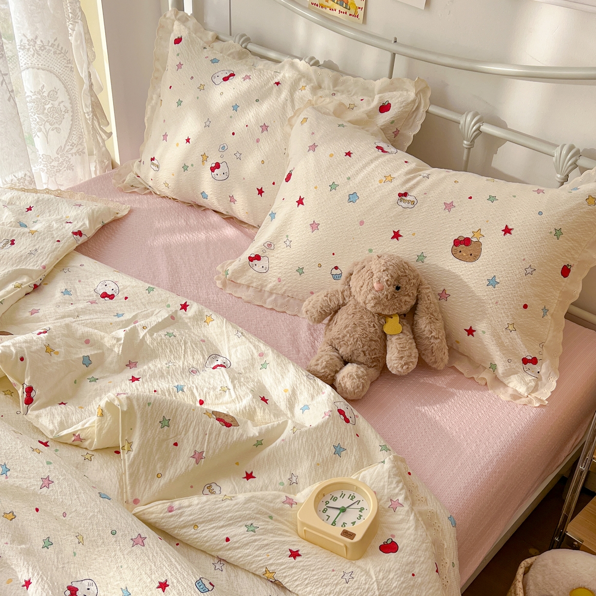 91家纺网 家纺一手货源 找家纺 欣宜家纺 2026新款A类全棉花边泡芙棉夏被夏凉被 奶油小猫