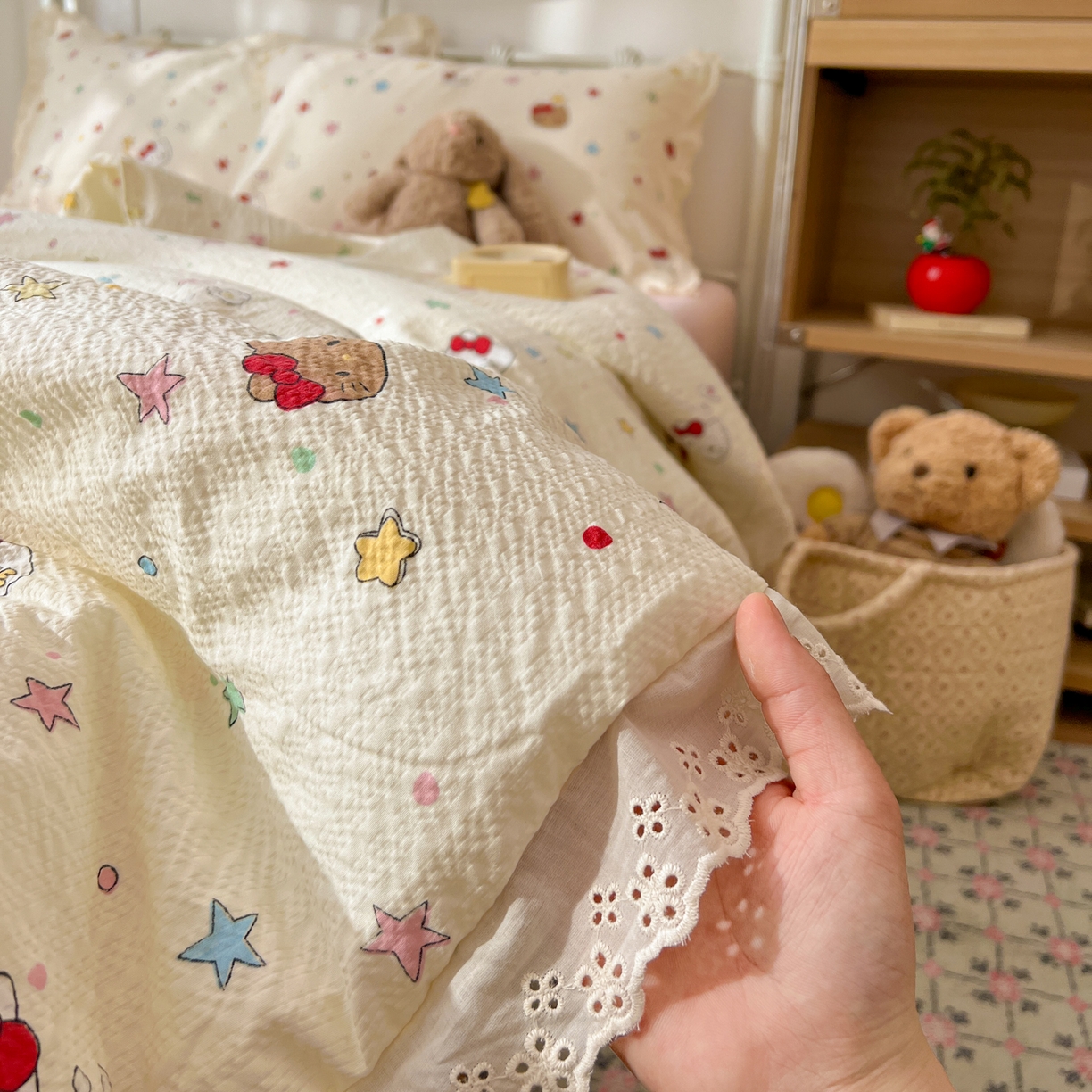 91家纺网 家纺一手货源 找家纺 欣宜家纺 2026新款A类全棉花边泡芙棉夏被夏凉被 奶油小猫