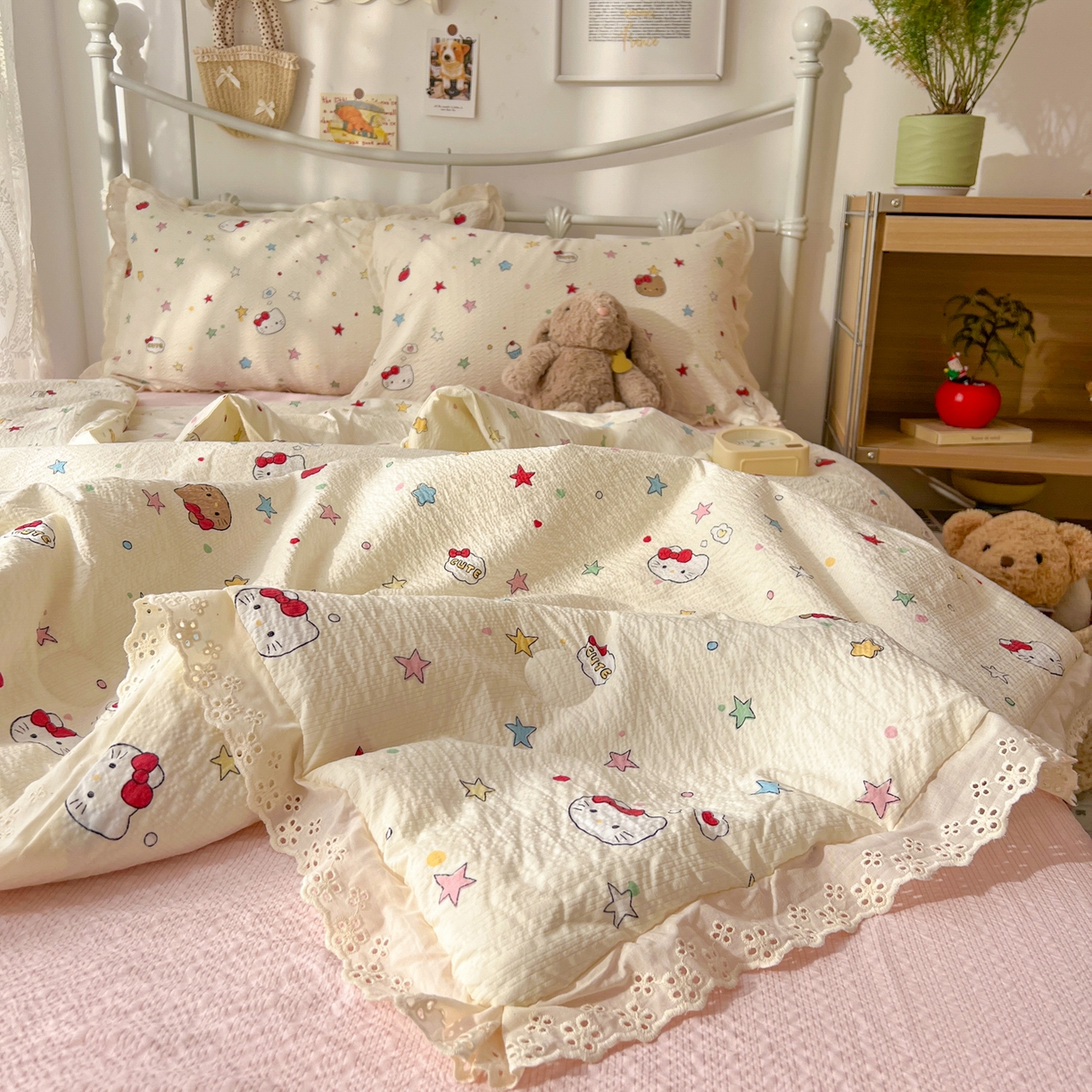 91家纺网 家纺一手货源 找家纺 欣宜家纺 2026新款A类全棉花边泡芙棉夏被夏凉被 奶油小猫