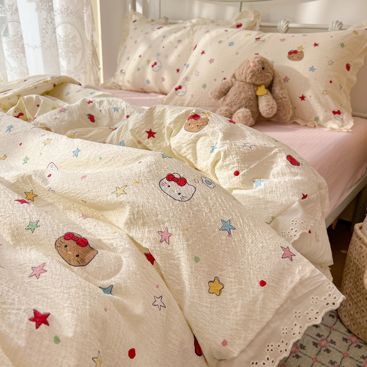 91家纺网 家纺一手货源 找家纺 欣宜家纺 2026新款A类全棉花边泡芙棉夏被夏凉被 奶油小猫