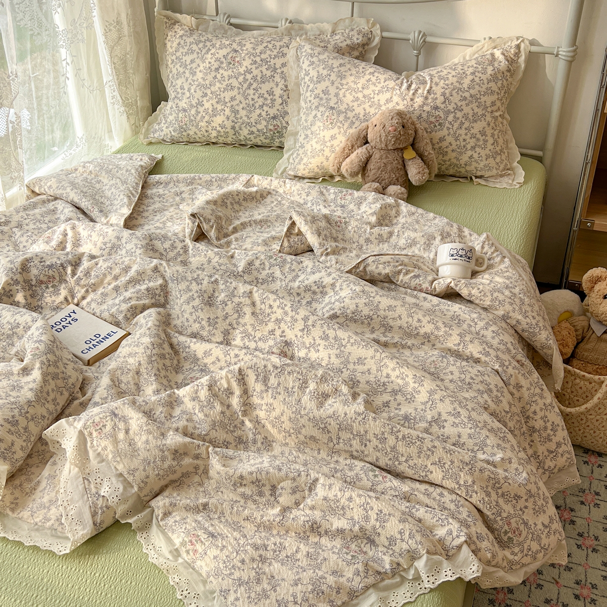 欣宜家纺 2026新款A类全棉花边泡芙棉夏被夏凉被 清雅兰