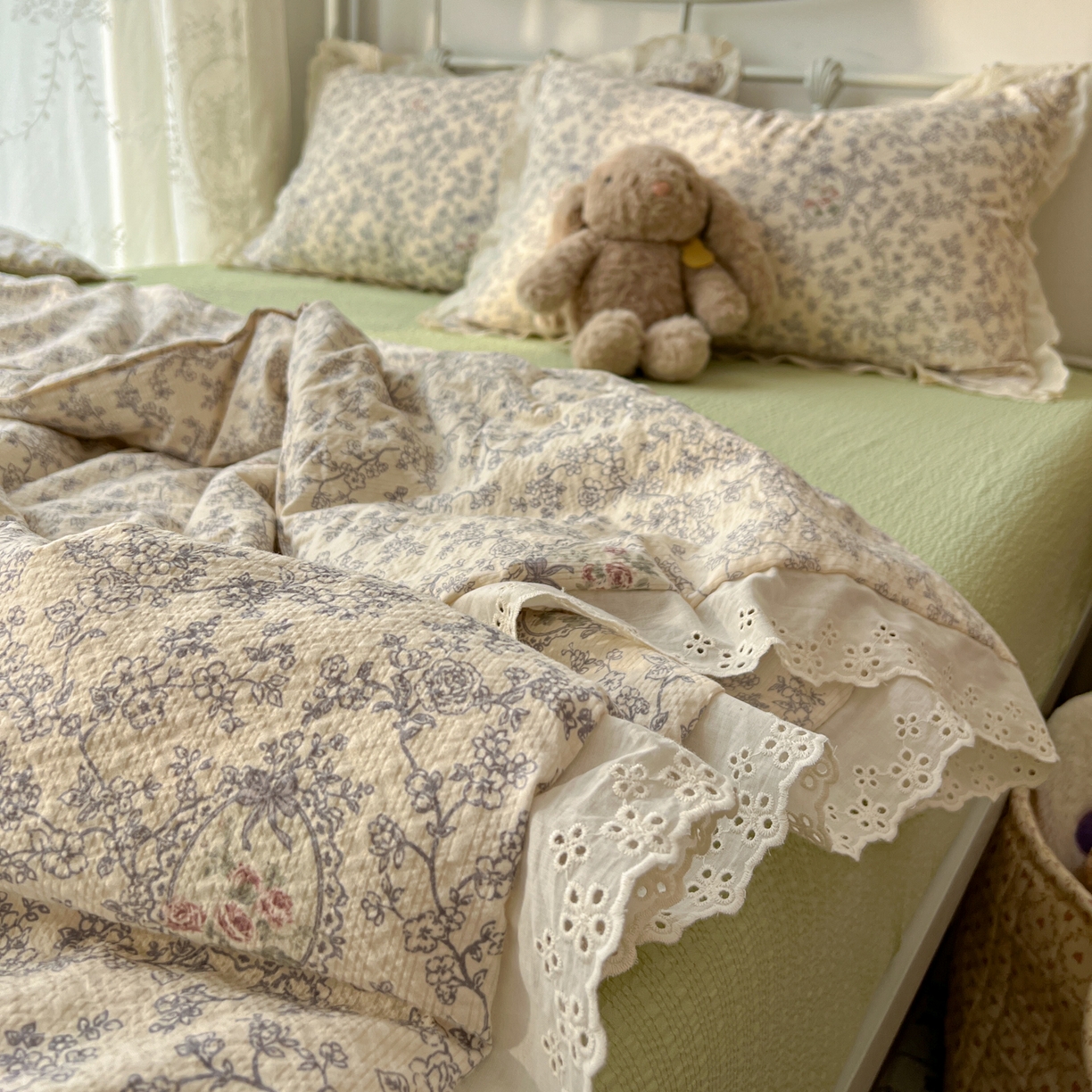 91家纺网 家纺一手货源 找家纺 欣宜家纺 2026新款A类全棉花边泡芙棉夏被夏凉被 清雅兰