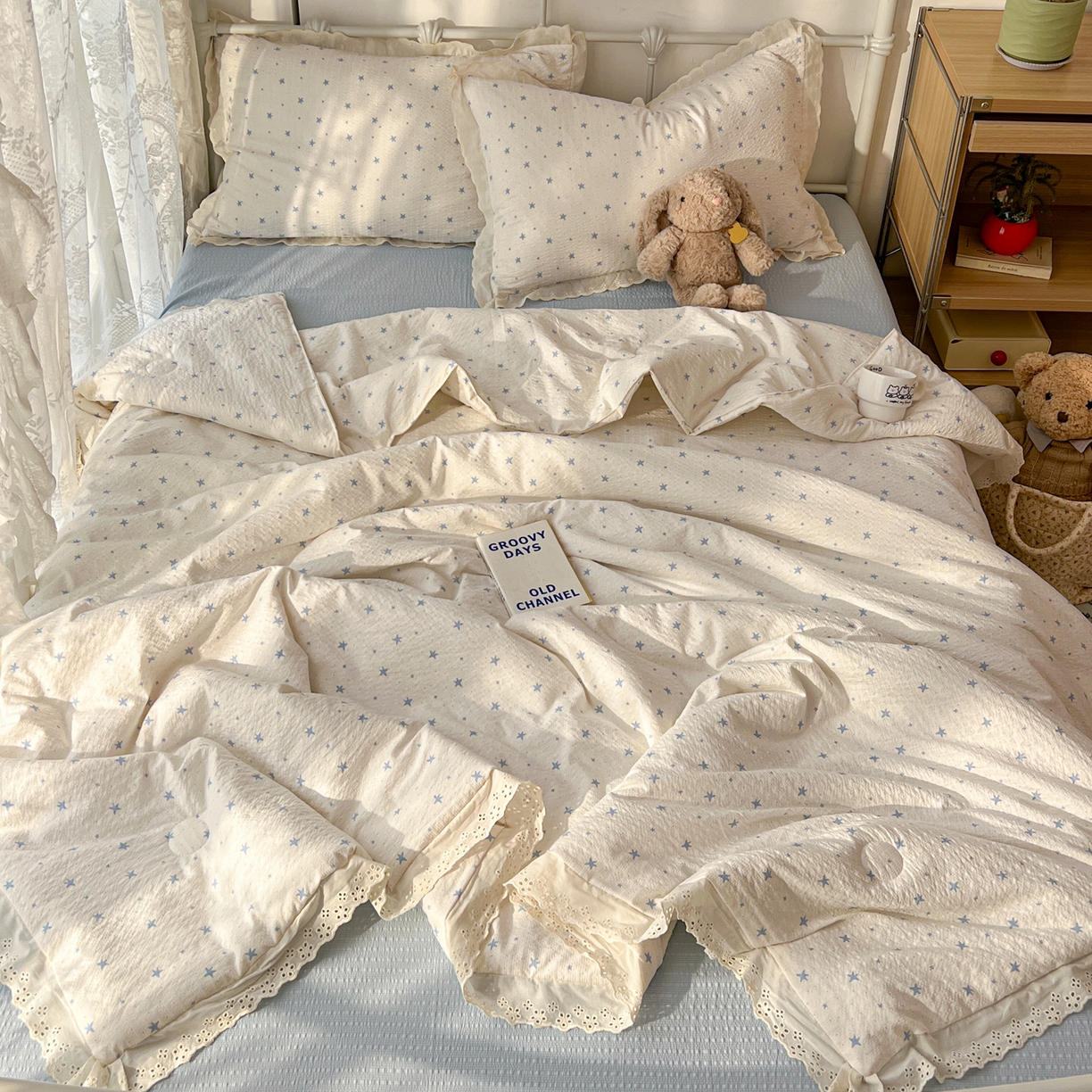 91家纺网 家纺一手货源 找家纺 欣宜家纺 2026新款A类全棉花边泡芙棉夏被夏凉被 星星蓝