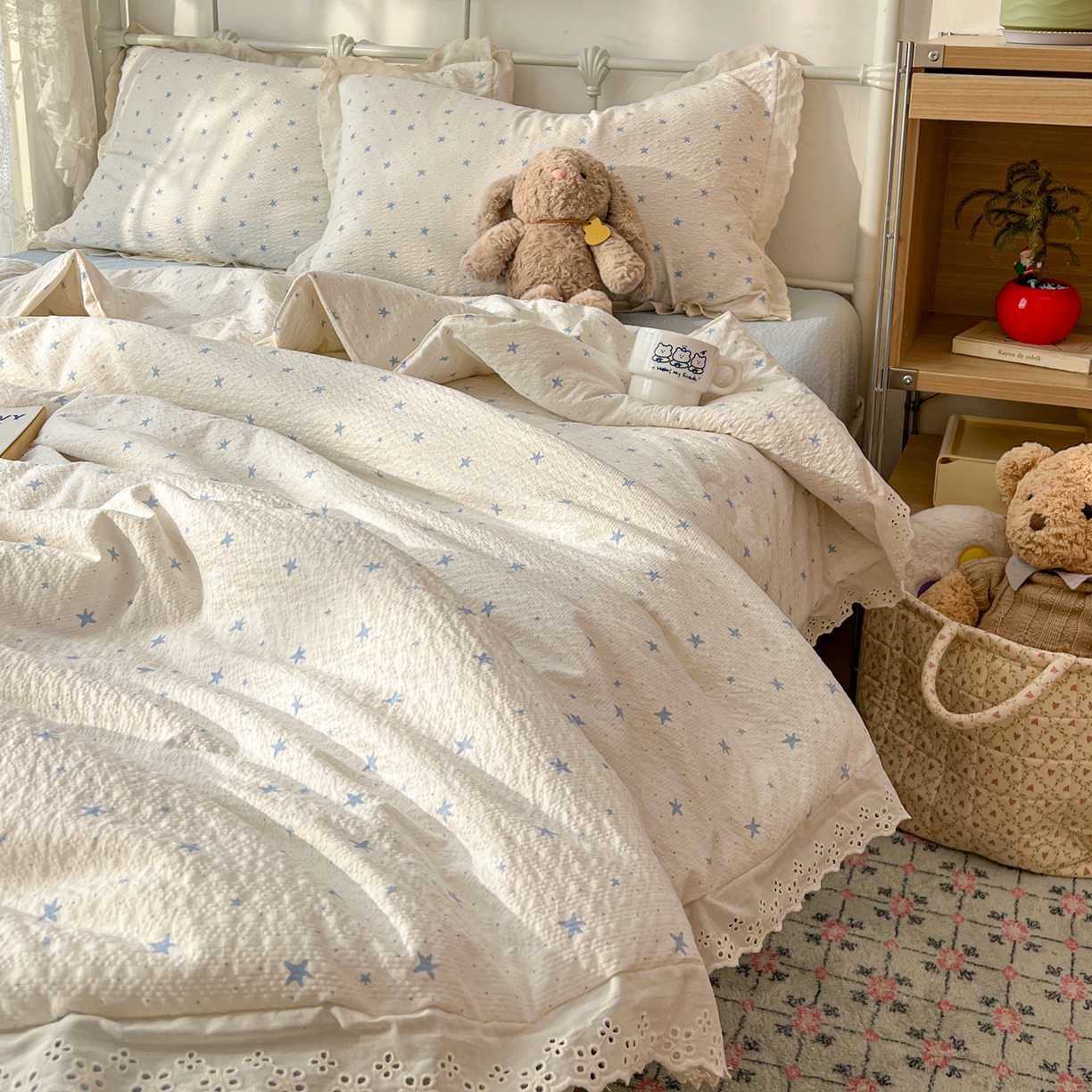 91家纺网 家纺一手货源 找家纺 欣宜家纺 2026新款A类全棉花边泡芙棉夏被夏凉被 星星蓝