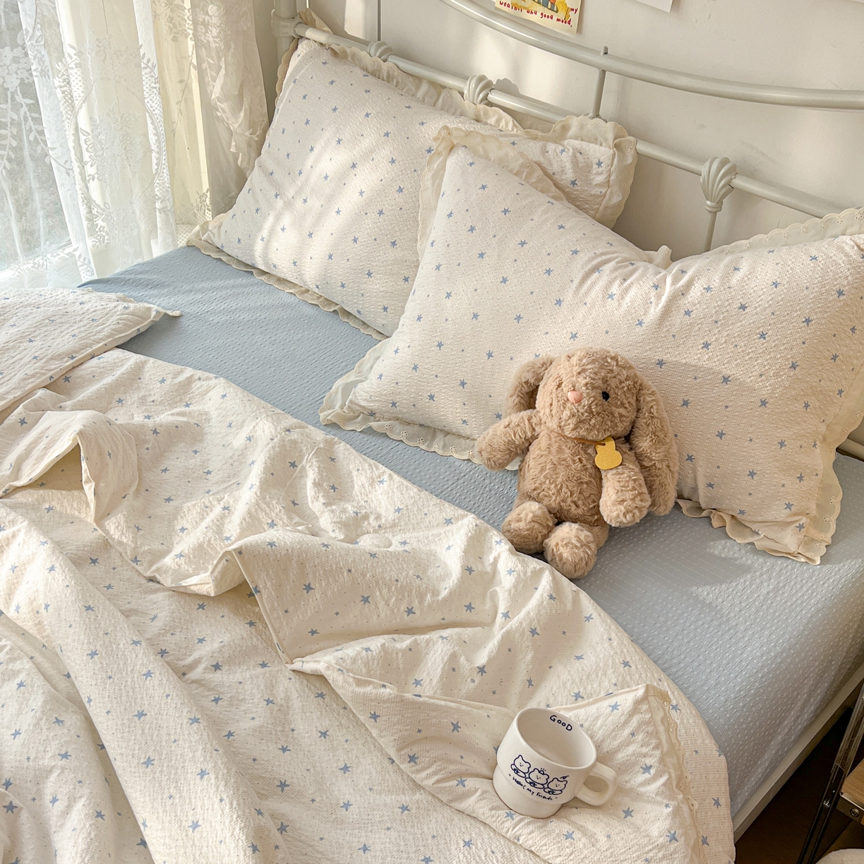 91家纺网 家纺一手货源 找家纺 欣宜家纺 2026新款A类全棉花边泡芙棉夏被夏凉被 星星蓝