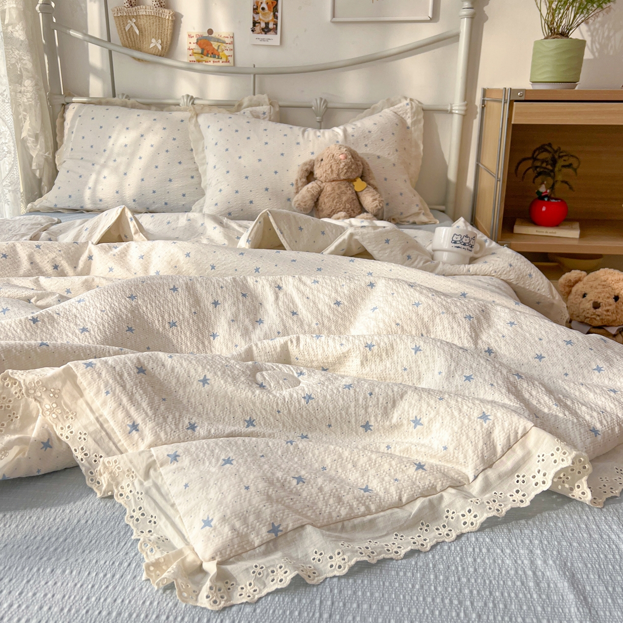 91家纺网 家纺一手货源 找家纺 欣宜家纺 2026新款A类全棉花边泡芙棉夏被夏凉被 星星蓝