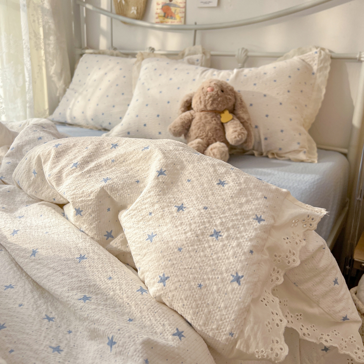 91家纺网 家纺一手货源 找家纺 欣宜家纺 2026新款A类全棉花边泡芙棉夏被夏凉被 星星蓝