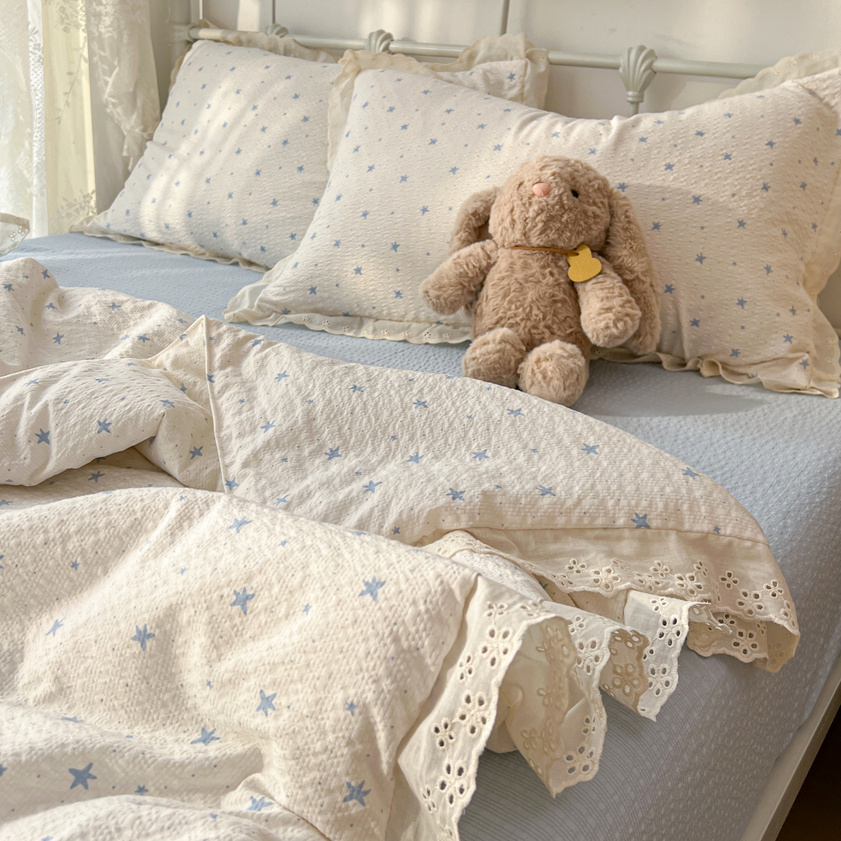 91家纺网 家纺一手货源 找家纺 欣宜家纺 2026新款A类全棉花边泡芙棉夏被夏凉被 星星蓝