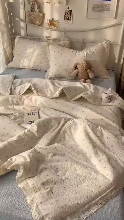 91家纺网 家纺一手货源 找家纺 欣宜家纺 2026新款A类全棉花边泡芙棉夏被夏凉被 星星蓝