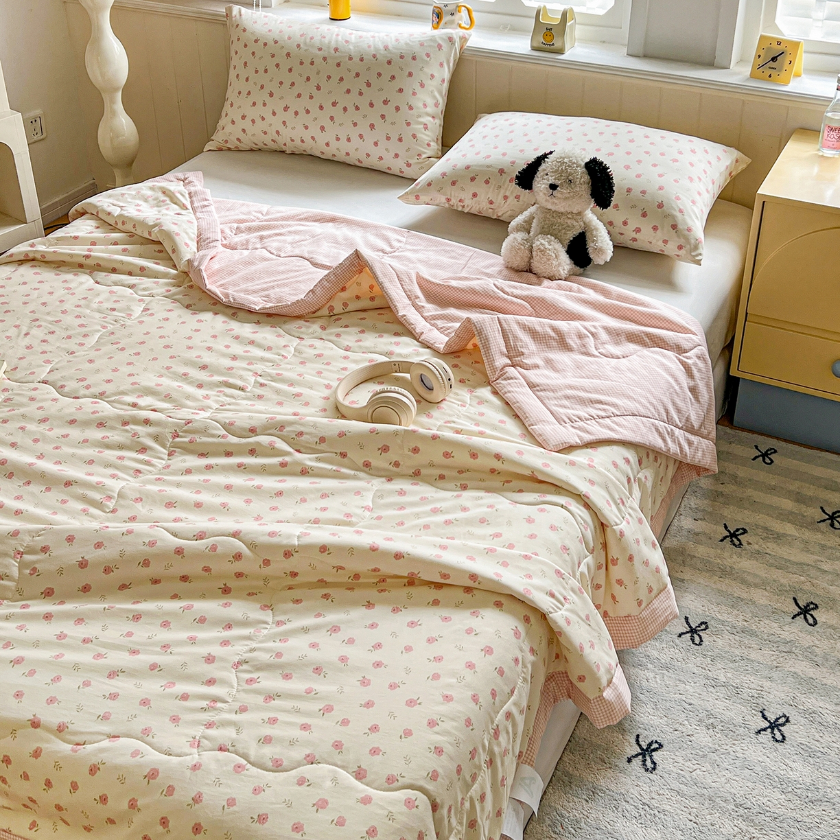 91家纺网 家纺一手货源 找家纺 欣宜家纺 2026新款A类水洗棉棉花夏被夏凉被 蔷薇粉