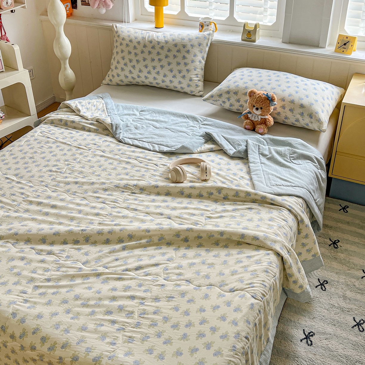 91家纺网 家纺一手货源 找家纺 欣宜家纺 2026新款A类水洗棉棉花夏被夏凉被 碎花蓝