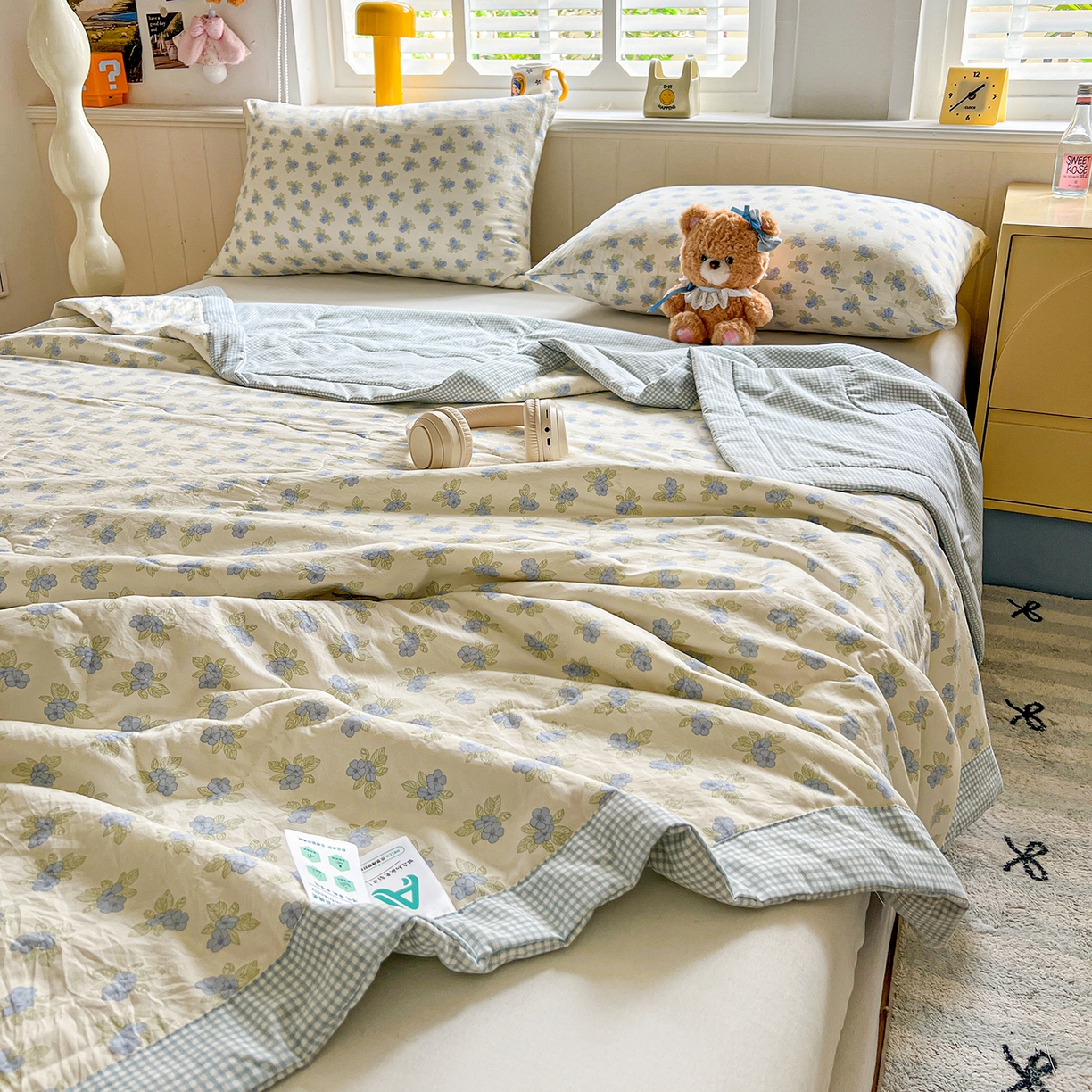 91家纺网 家纺一手货源 找家纺 欣宜家纺 2026新款A类水洗棉棉花夏被夏凉被 碎花蓝