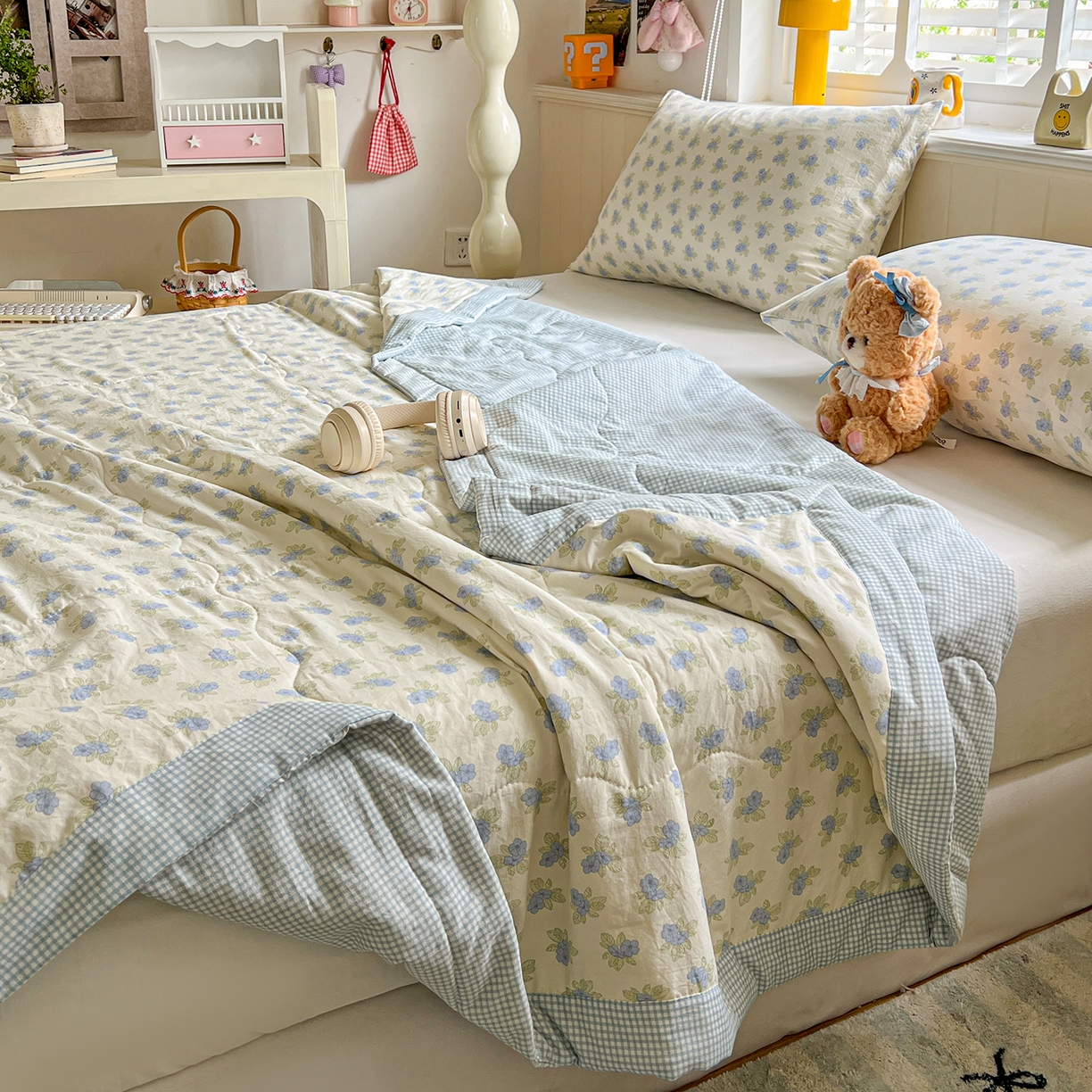 91家纺网 家纺一手货源 找家纺 欣宜家纺 2026新款A类水洗棉棉花夏被夏凉被 碎花蓝