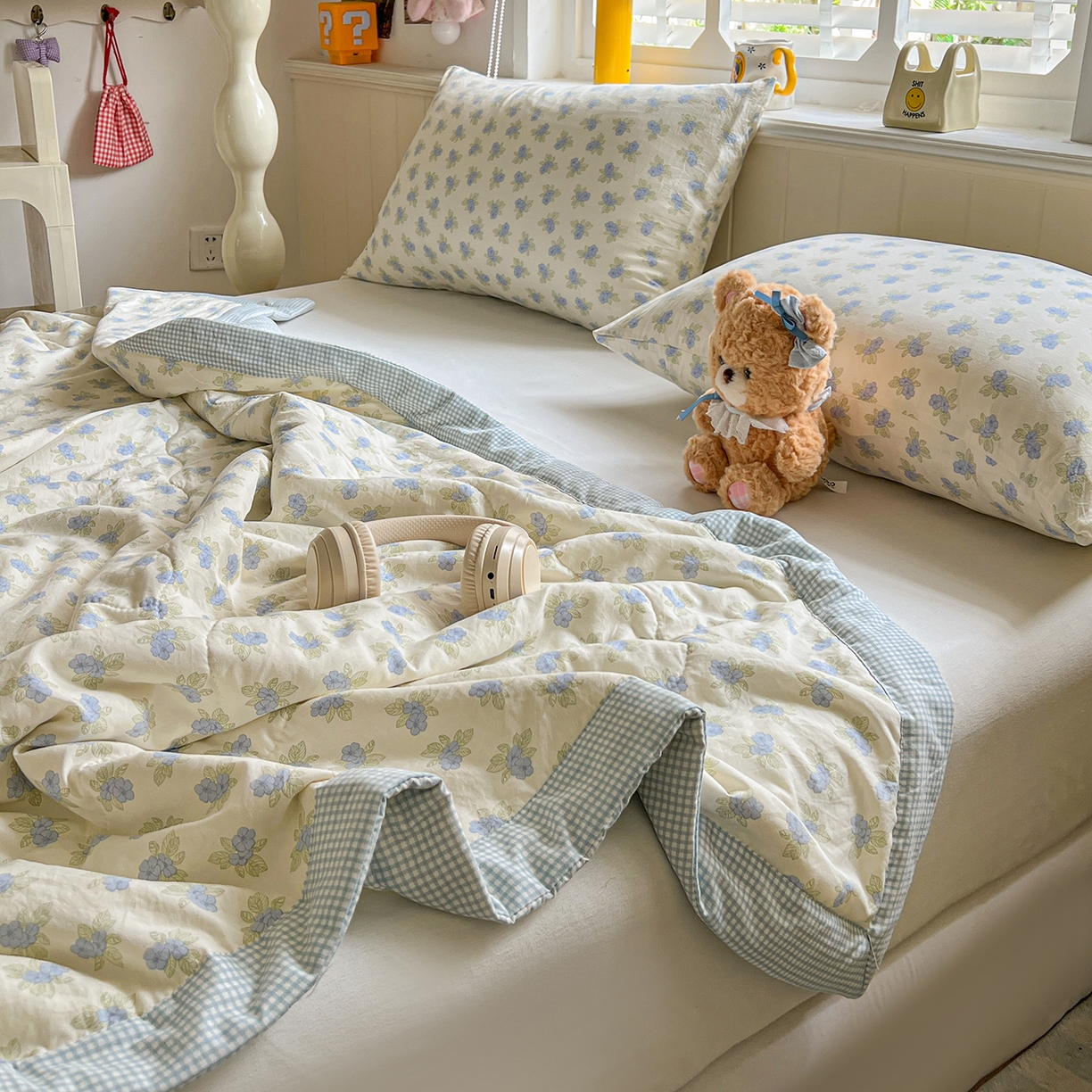 91家纺网 家纺一手货源 找家纺 欣宜家纺 2026新款A类水洗棉棉花夏被夏凉被 碎花蓝