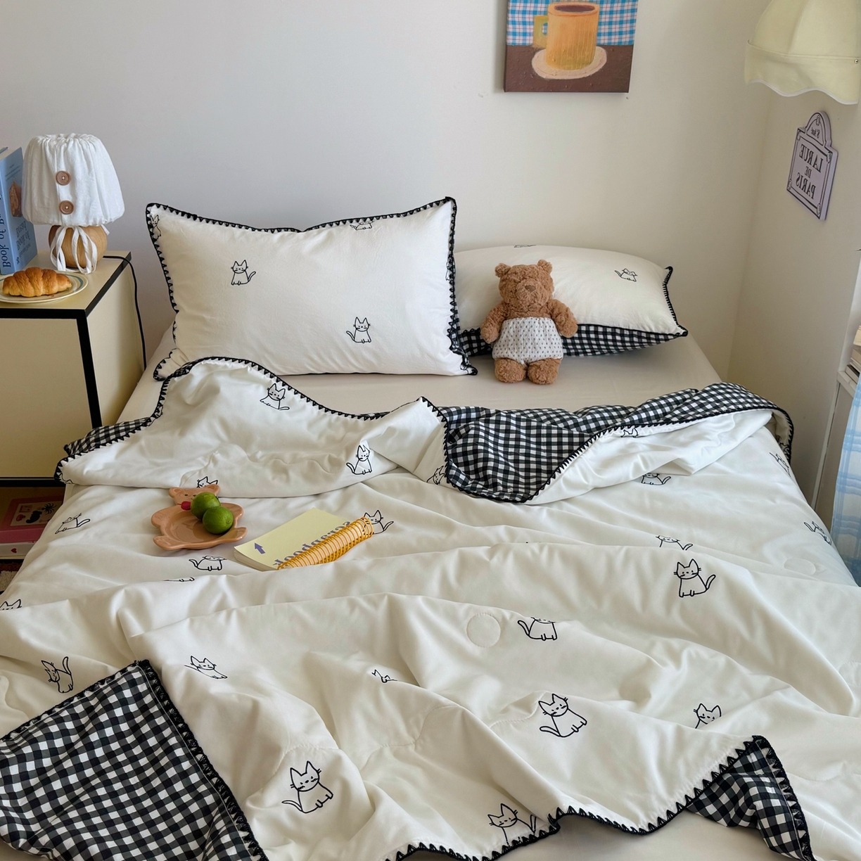 91家纺网 家纺一手货源 找家纺 顾里家纺 2026新款韩风刺绣云朵棉夏被夏凉被空调被 安睡猫