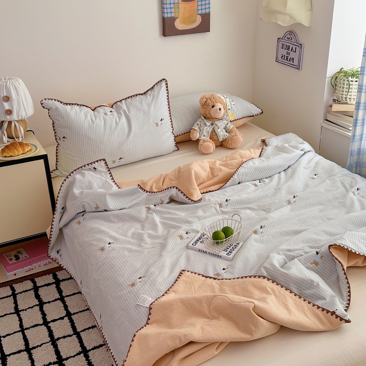 91家纺网 家纺一手货源 找家纺 顾里家纺 2026新款韩风刺绣云朵棉夏被夏凉被空调被 海盐小狗