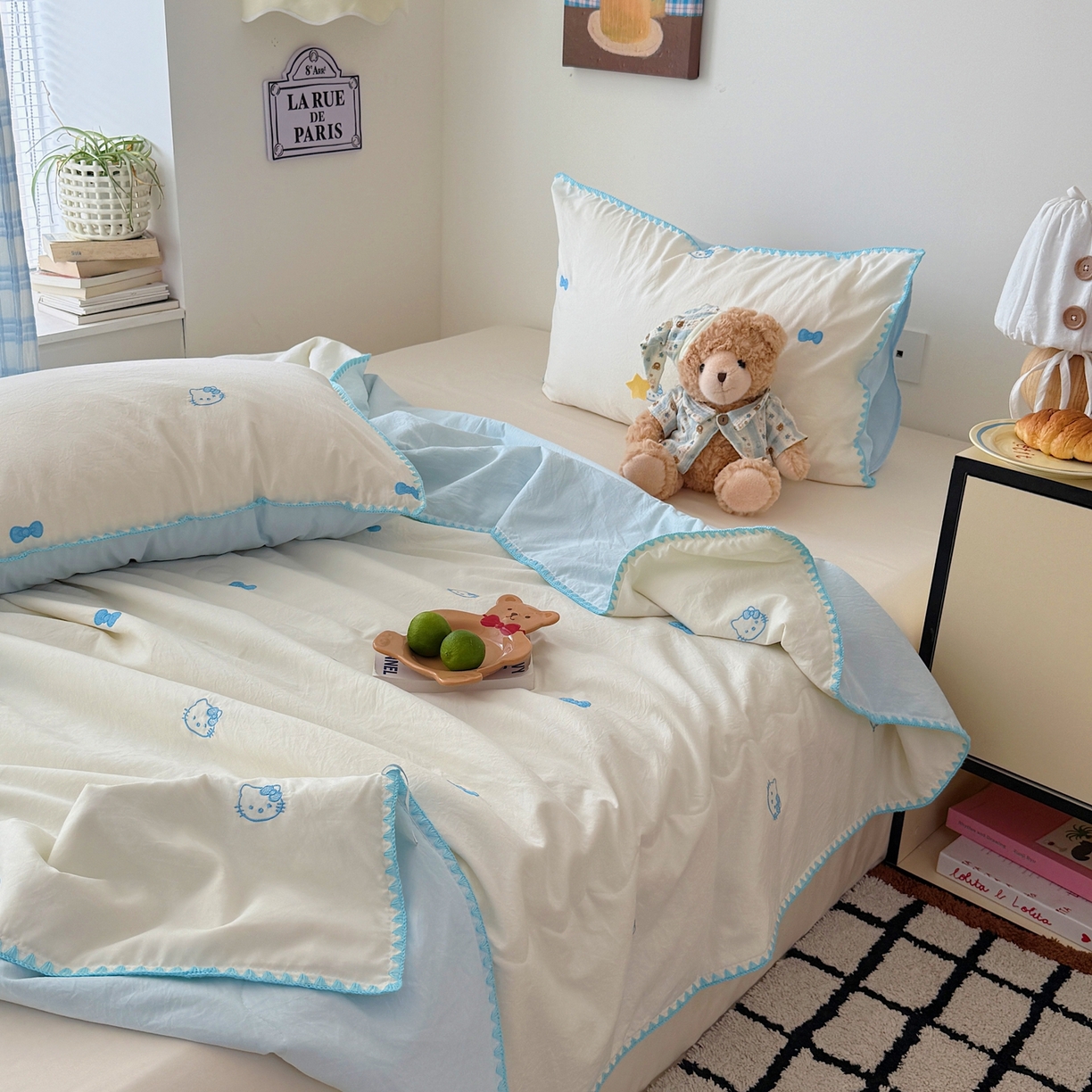 91家纺网 家纺一手货源 找家纺 顾里家纺 2026新款韩风刺绣云朵棉夏被夏凉被空调被 蓝线条猫