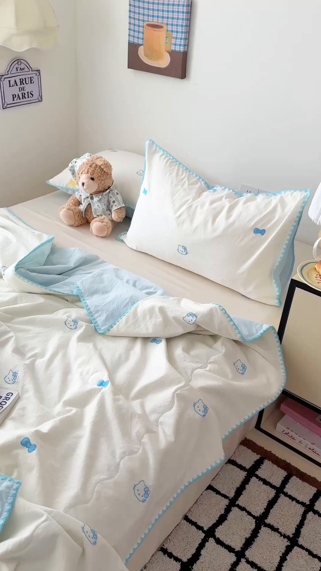 91家纺网 家纺一手货源 找家纺 顾里家纺 2026新款韩风刺绣云朵棉夏被夏凉被空调被 蓝线条猫