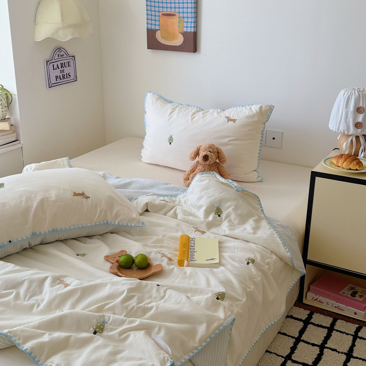 91家纺网 家纺一手货源 找家纺 顾里家纺 2026新款韩风刺绣云朵棉夏被夏凉被空调被 圣诞狗狗