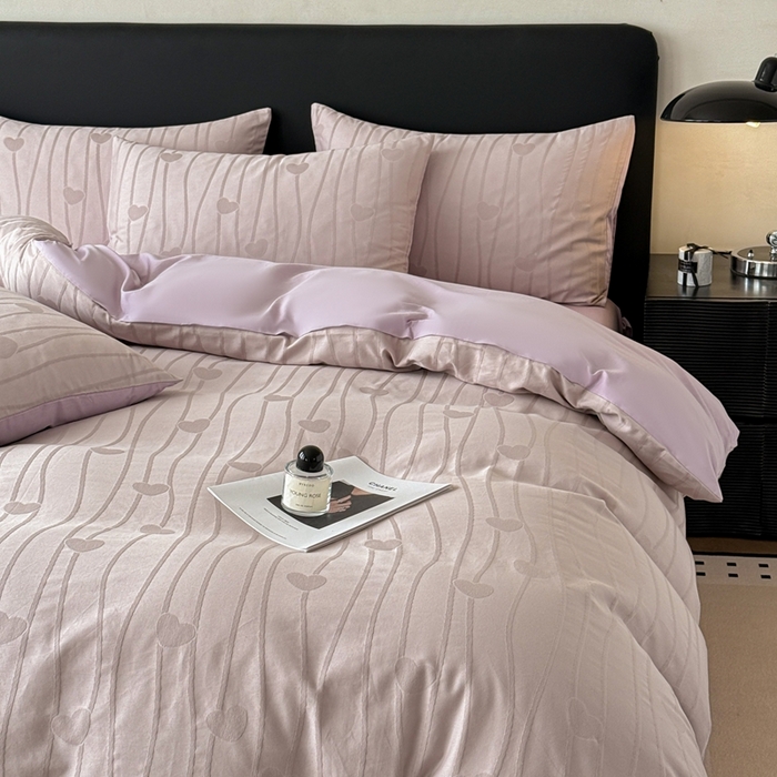 91家纺网 家纺一手货源 找家纺 雅萱家纺 2026新款60支提花全棉四件套 爱心-柔粉