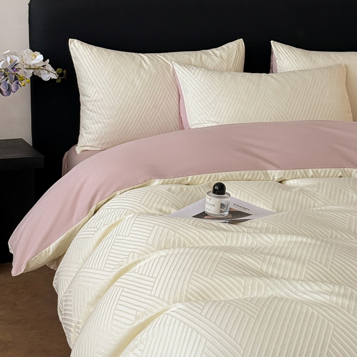 91家纺网 家纺一手货源 找家纺 雅萱家纺 2026新款60支提花全棉四件套 格纹-白玉