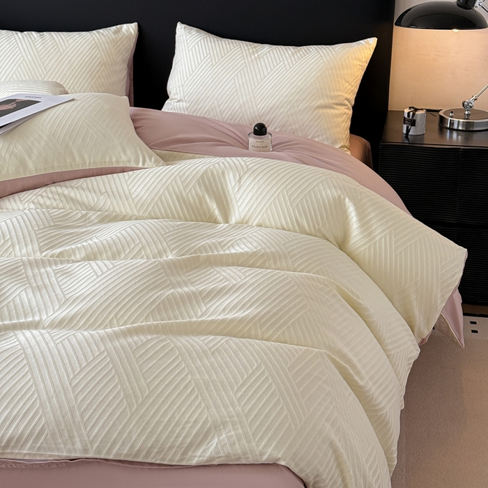 91家纺网 家纺一手货源 找家纺 雅萱家纺 2026新款60支提花全棉四件套 格纹-白玉