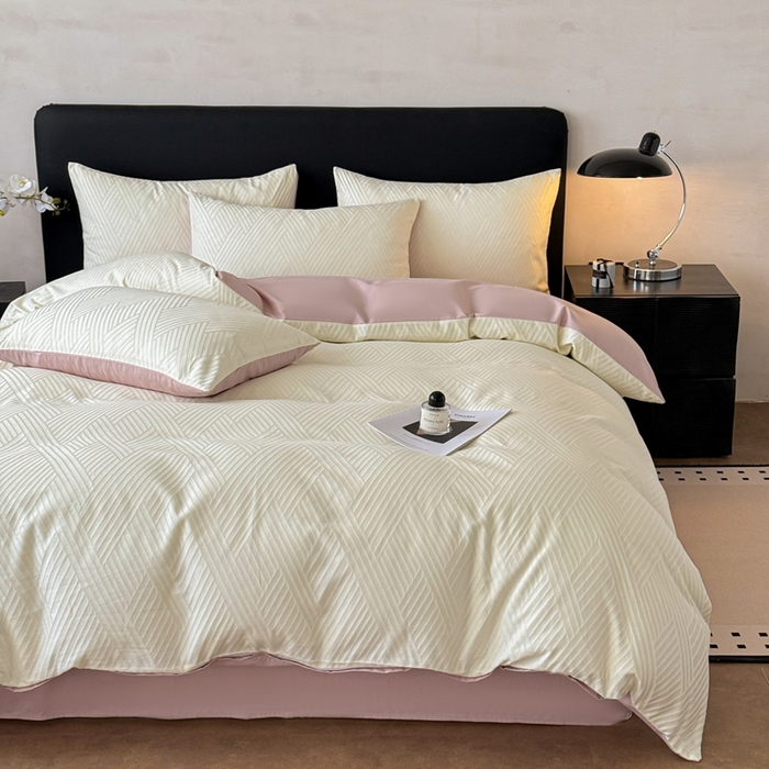 91家纺网 家纺一手货源 找家纺 雅萱家纺 2026新款60支提花全棉四件套 格纹-白玉