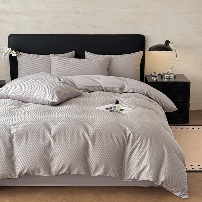 91家纺网 家纺一手货源 找家纺 雅萱家纺 2026新款60支提花全棉四件套 格纹-浅灰