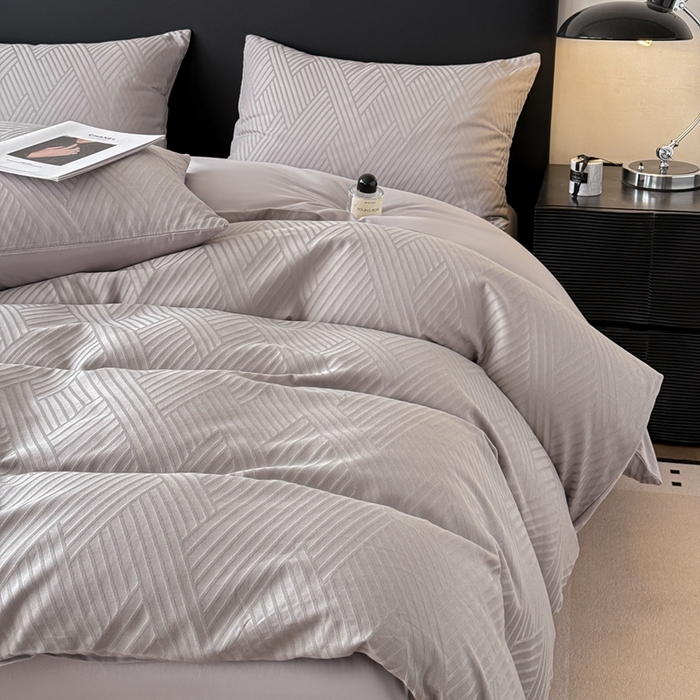 91家纺网 家纺一手货源 找家纺 雅萱家纺 2026新款60支提花全棉四件套 格纹-浅灰