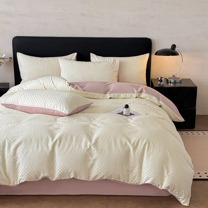 91家纺网 家纺一手货源 找家纺 雅萱家纺 2026新款60支提花全棉四件套 格子-白玉