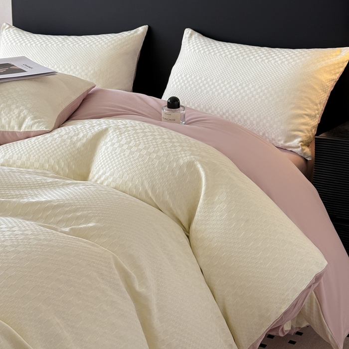 91家纺网 家纺一手货源 找家纺 雅萱家纺 2026新款60支提花全棉四件套 格子-白玉