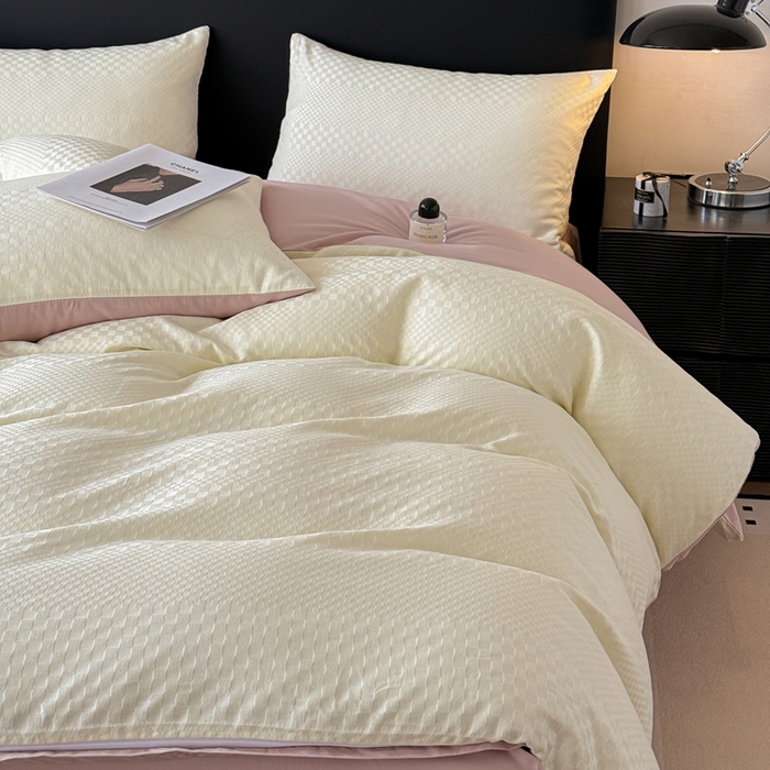 91家纺网 家纺一手货源 找家纺 雅萱家纺 2026新款60支提花全棉四件套 格子-白玉