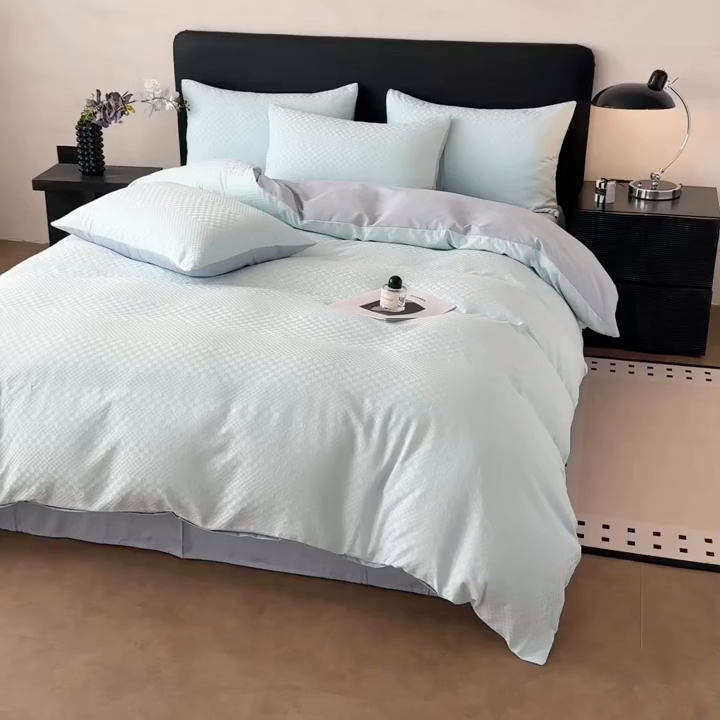 91家纺网 家纺一手货源 找家纺 雅萱家纺 2026新款60支提花全棉四件套 格子-碧水