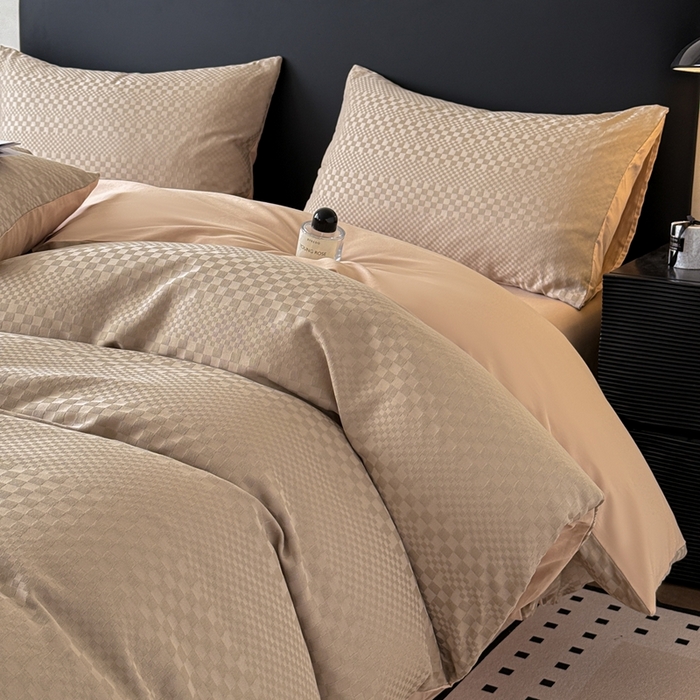 91家纺网 家纺一手货源 找家纺 雅萱家纺 2026新款60支提花全棉四件套 格子-卡其