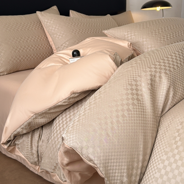 91家纺网 家纺一手货源 找家纺 雅萱家纺 2026新款60支提花全棉四件套 格子-卡其