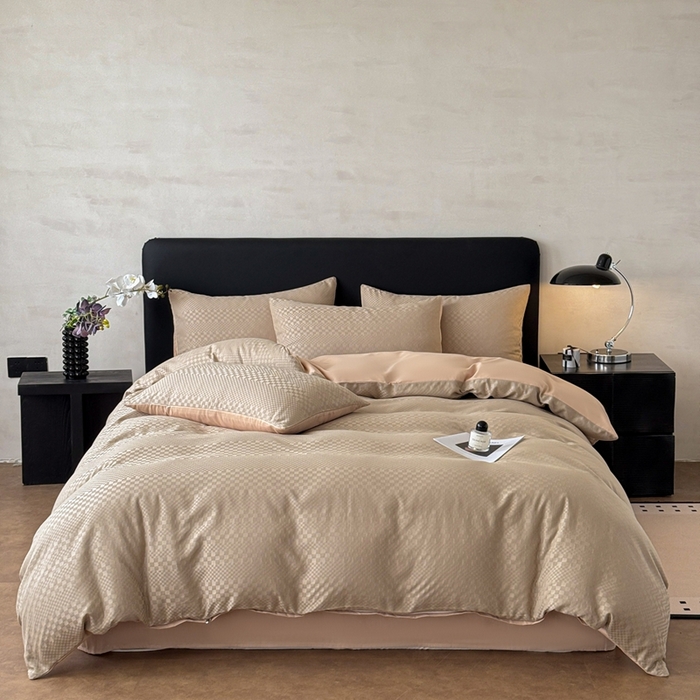 雅萱家纺 2026新款60支提花全棉四件套 格子-卡其