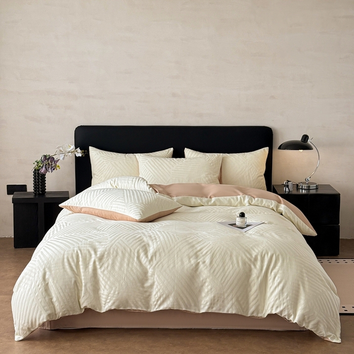 雅萱家纺 2026新款60支提花全棉四件套 条纹-白玉