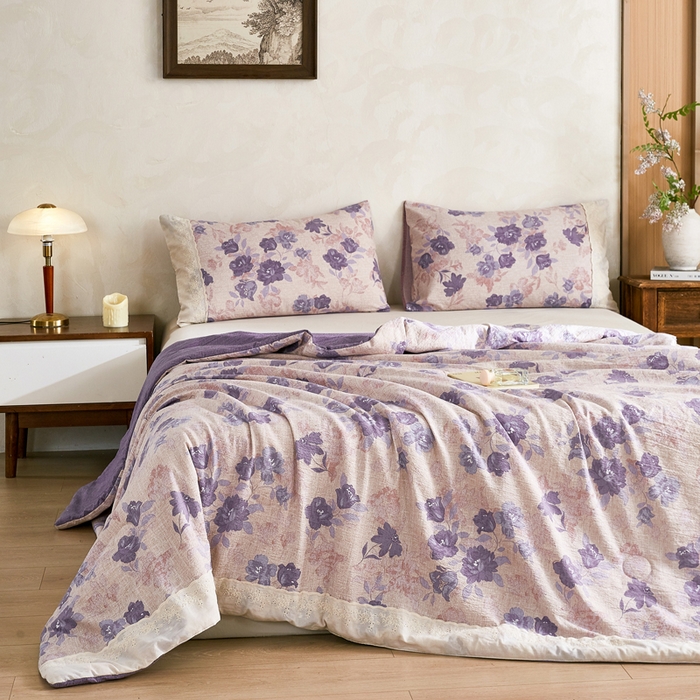 91家纺网 家纺一手货源 找家纺 圣比熊 2026新款A类夏天原麻全棉蕾丝花边加厚夏被宿舍双人床仿亚麻被子被芯 安紫