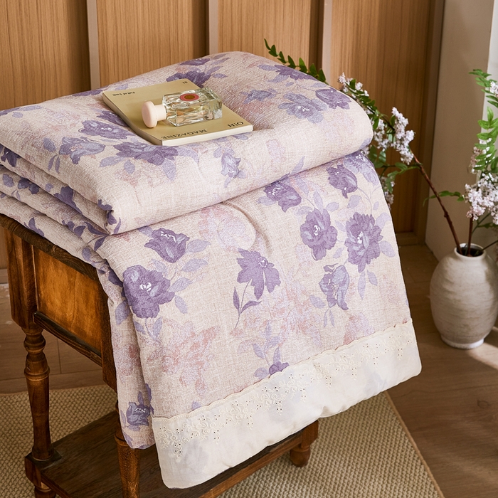 圣比熊 2026新款A类夏天原麻全棉蕾丝花边加厚夏被宿舍双人床仿亚麻被子被芯 安紫