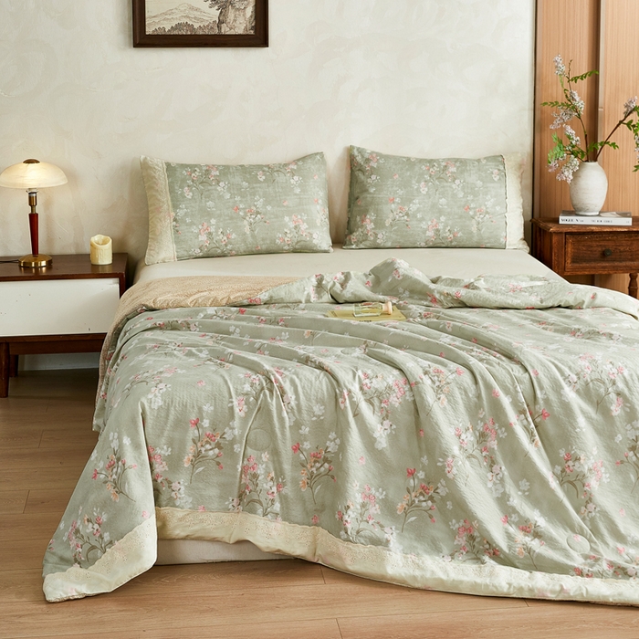 91家纺网 家纺一手货源 找家纺 梦舒羽 2026新款A类夏天原麻全棉蕾丝花边加厚夏被宿舍双人床仿亚麻被子被芯 清风花叙