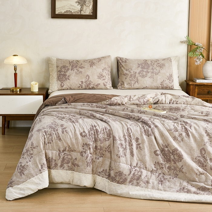 91家纺网 家纺一手货源 找家纺 梦舒羽 2026新款A类夏天原麻全棉蕾丝花边加厚夏被宿舍双人床仿亚麻被子被芯 古堡花园-咖