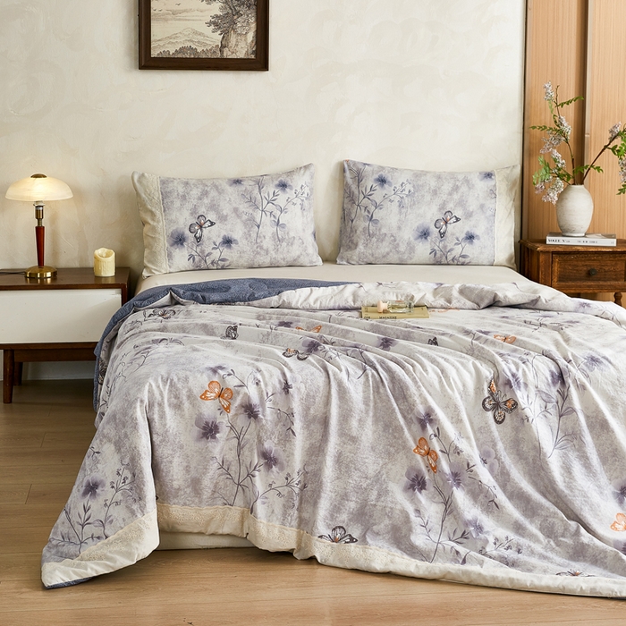 91家纺网 家纺一手货源 找家纺 梦舒羽 2026新款A类夏天原麻全棉蕾丝花边加厚夏被宿舍双人床仿亚麻被子被芯 花与蝶