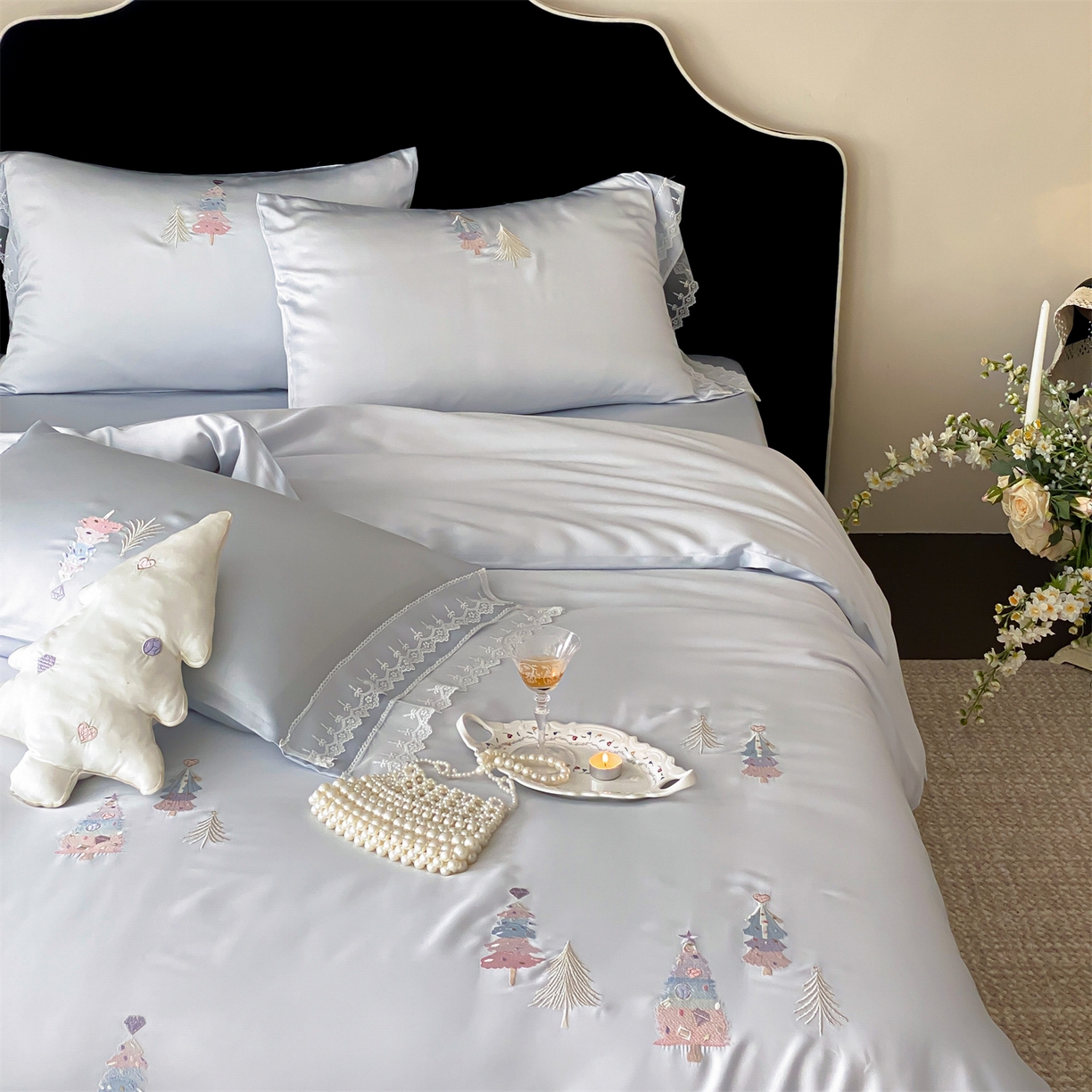 91家纺网 家纺一手货源 找家纺 （总）树下 2026新款60S天丝刺绣花边四件套-安松